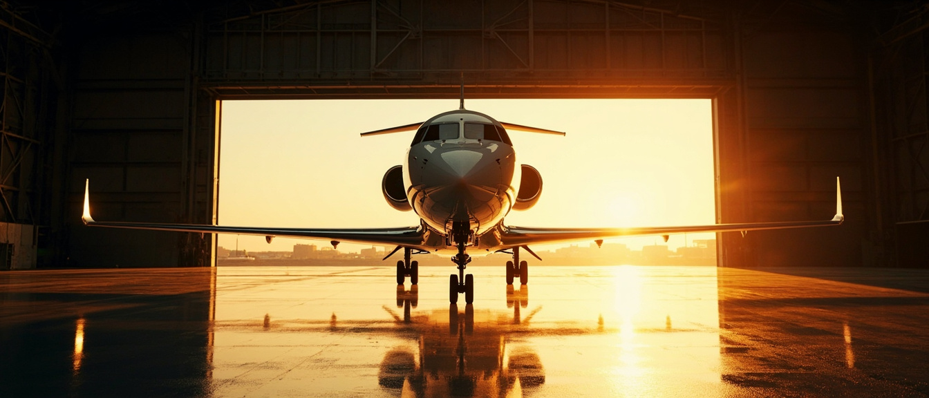 Private jet at the hangar door at sunrise